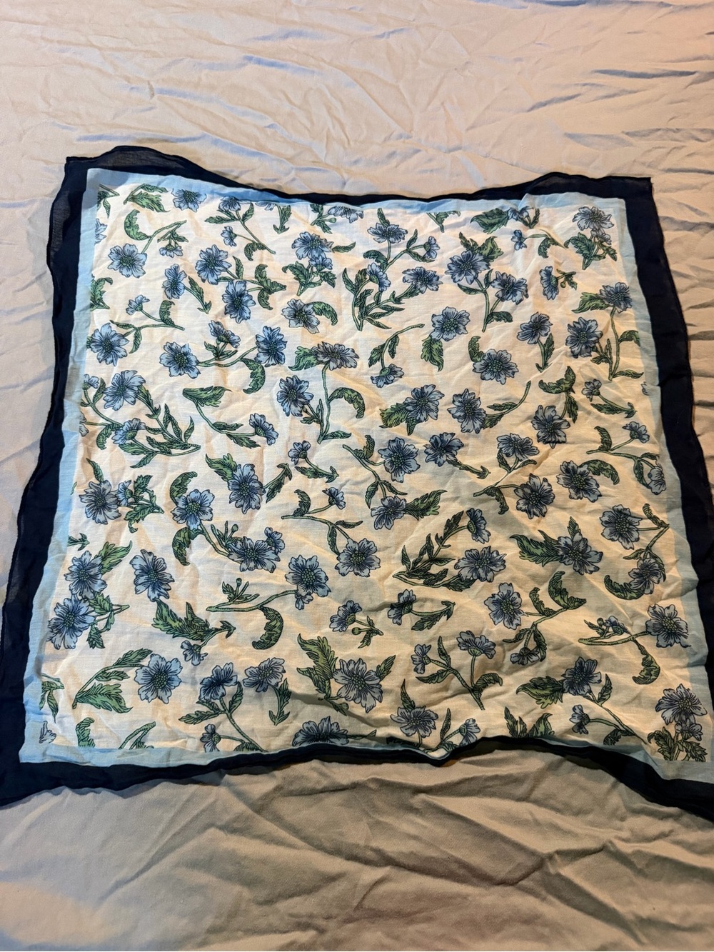 Lightweight Floral Scarf in Blue and Green with Navy Border